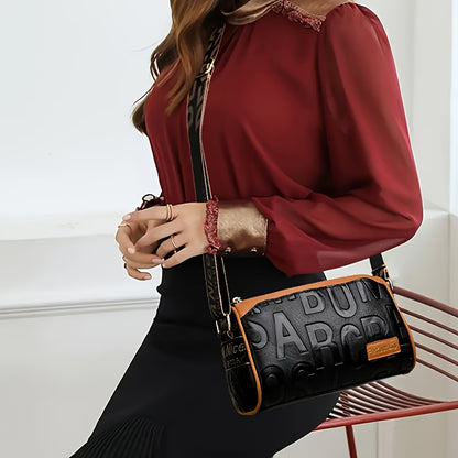 Casual  Crushed Lettering Handbag with Adjustable Strap & Zipper Closure - / Solid Color Multi-layer Shoulder Purse, Durable for,, Shopping