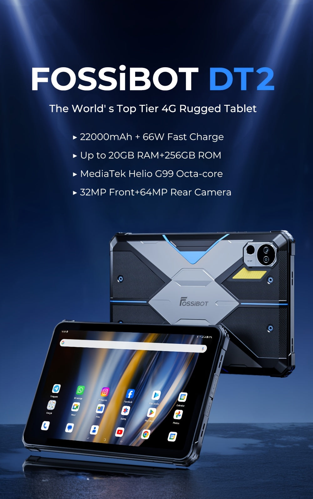 FOSSiBOT DT2 10.4-inch Android Tablet with 4G LTE/WiFi 6, 22000mAh, 2K Display, Quad-Speaker, Compatible for Face/Fingerprint Unlock, Camping Light, Rugged Tablet for Outdoor, Streaming, Gaming (ROM/RAM upgraded from initial)