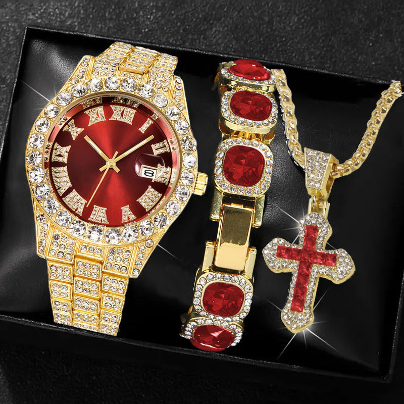 [Men's Watch Set] Luxury Men's Watch Set, Including Artificial Gemstone Bracelet and Cross Necklace, Roman Numeral Watch, Inlaid with Artificial Rhinestones, Perfect Gift for Men, Party Essentials