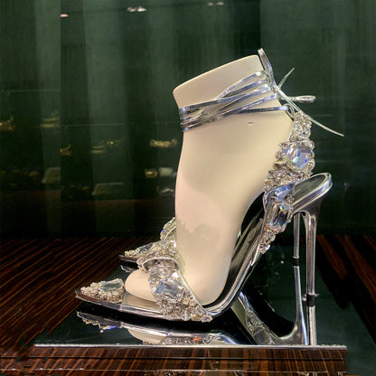 Women'S Rhinestone-Adorned Cross Strap Open-Toe High Heel Sandals - Ultra-High Stiletto Heels, PU Cover Upper & Lining, European & American Style Elegant Party & Formal Dress Shoes with Cushioned Insole, Durable Rubber Sole -