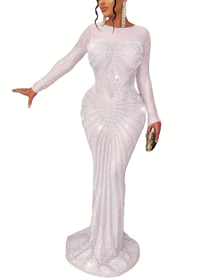 Long Sleeve Maxi Dress - Elegant Sheer Mesh with Rhinestone Detail - Bodycon Fit for Women - Perfect for Spring/Summer/Fall