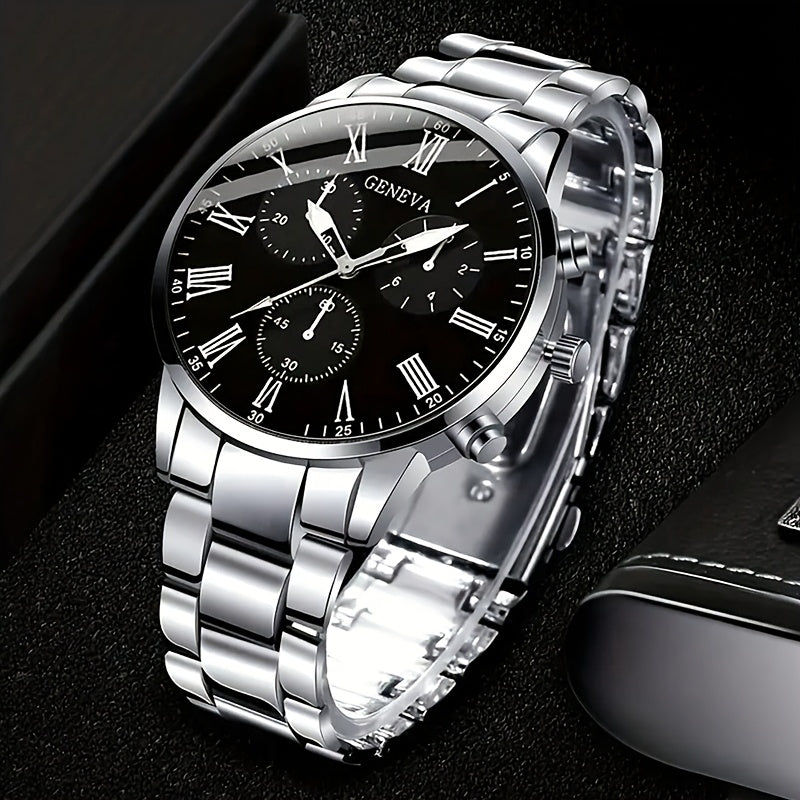3pcs Set Men's Watch & Necklace Bracelet Set - Quartz Movement Analog Watches with Matching Bracelets, Analog with Hour/Minute/Second Hands, Round Face Business & Casual Wristwatch Collection for Gifts for Men (-)