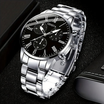 3pcs Set Men's Watch & Necklace Bracelet Set - Quartz Movement Analog Watches with Matching Bracelets, Analog with Hour/Minute/Second Hands, Round Face Business & Casual Wristwatch Collection for Gifts for Men (-)