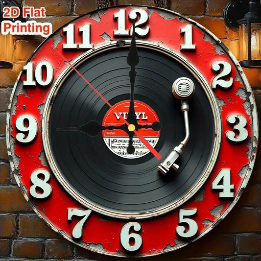 2D Flat Room Decor, 1pc, A red and white sign with a microphone and vinyl records, 9.8-inch, 2D Wooden Flat, Silent Wall Clock, Non-Luminous, Wooden Quartz Design, perfect for spiritual homes/ holiday/ Living Room/ Coffee/ Be