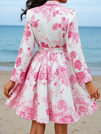 Shirt Collar Pink Floral Tie-Waist Dress | Vintage Sweet Style, Spring Summer Date Party Dress, Fitted with Lace-up Details