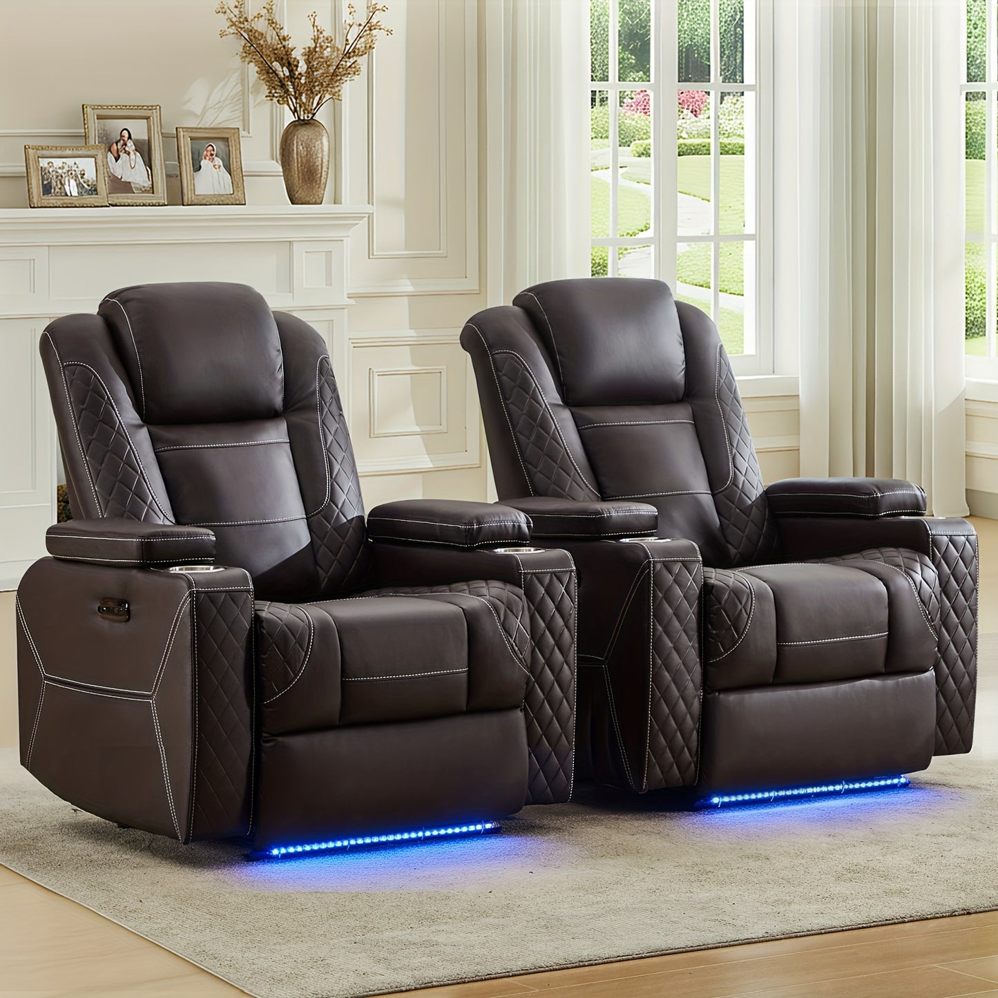 Power Recliner Sofa with Adjustable Headrest & LED Ambient Light & Hidden Storage & USB Ports for Living Room Home Theater