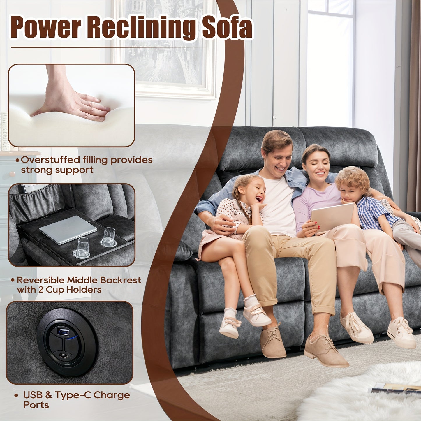 Reclining Sofa-Power Recliner Sofa With Heat And Massage, Recliner Sofa With Drop Down Table, Reclining Couch 3 Seater For Living Room, Home Theater Seating With Cup Holders, USB & Type-C Ports (Grey)