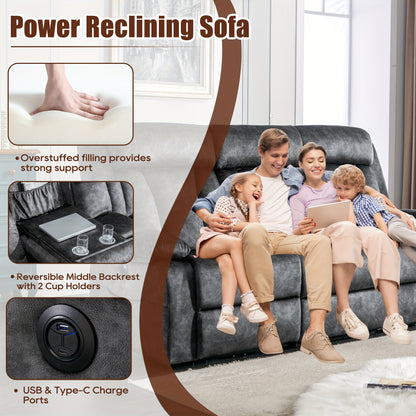 Reclining Sofa-Power Recliner Sofa With Heat And Massage, Recliner Sofa With Drop Down Table, Reclining Couch 3 Seater For Living Room, Home Theater Seating With Cup Holders, USB & Type-C Ports (Grey)