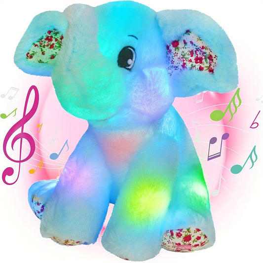 Musical Glowing Blue Elephant Plush Toy, Happy Easter Soft Elephant Plush Toy Floppy LED Stuffed Animals Lullabies Nightlight Companion For Kids, Birthday Gift For Toddlers, Adorable Playing Doll