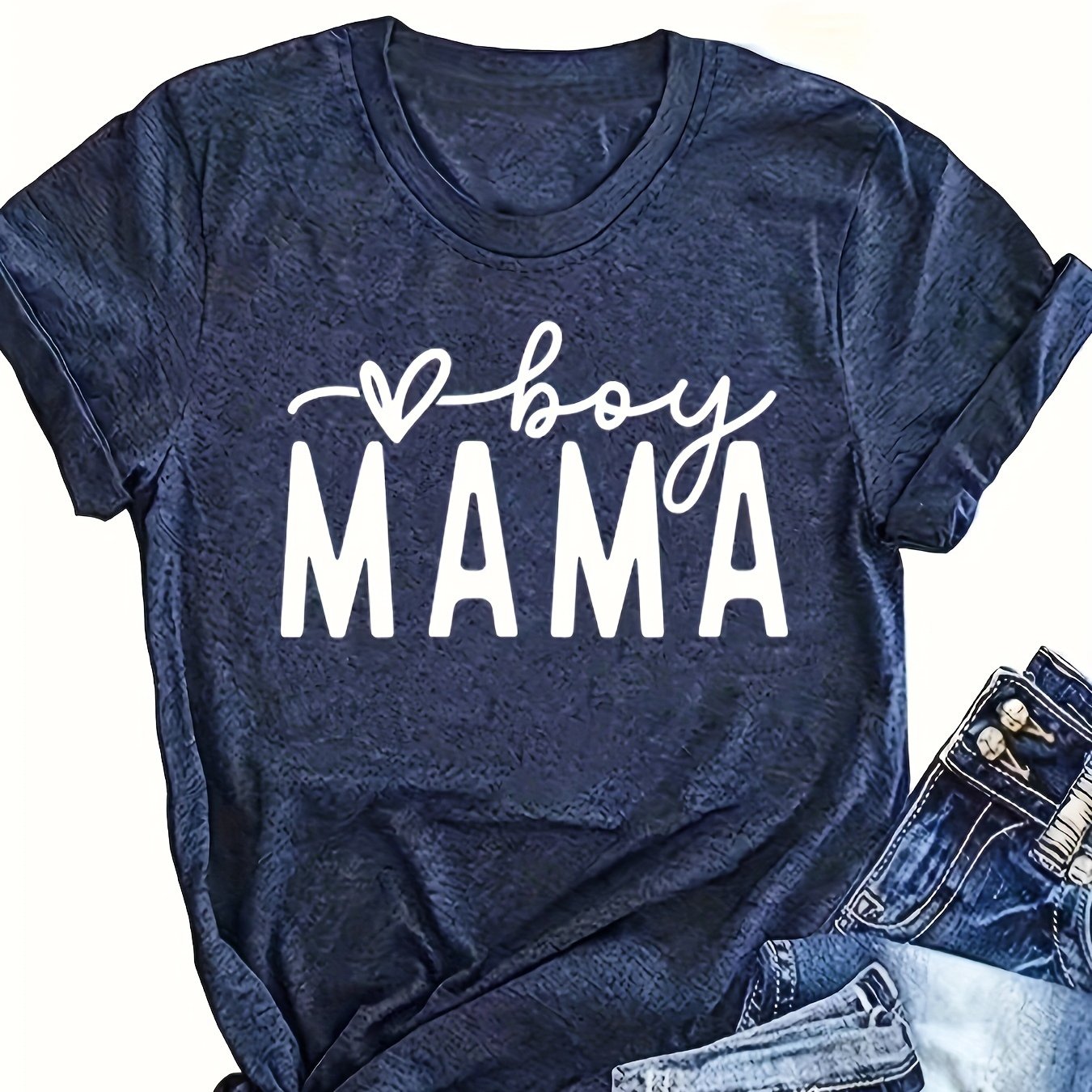 Mama Print Crew Neck T-shirt, Casual Short Sleeve Top For Spring & Summer, Women's Clothing