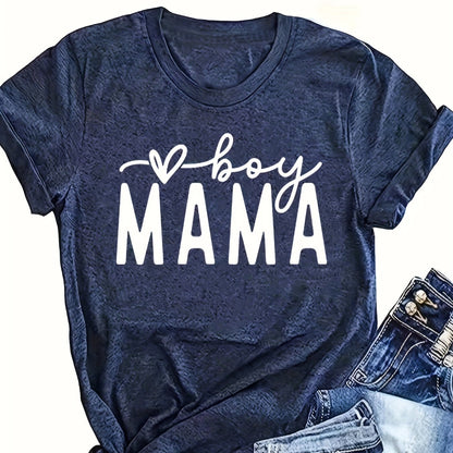Mama Print Crew Neck T-shirt, Casual Short Sleeve Top For Spring & Summer, Women's Clothing
