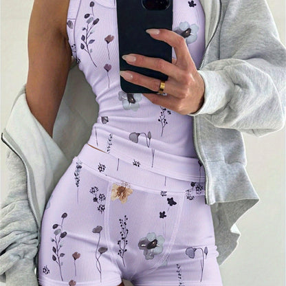 2pcs Outfit Floral Print U-Neck Tank Top And Elastic Waist Shorts Set Slim Fit Ribbed Set