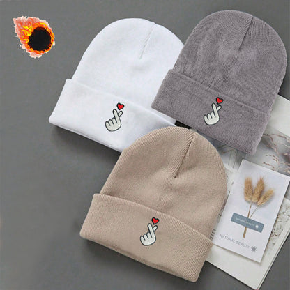 3-Pack White/Grey/Black Beanie Hats with Heart & Thumbs Up Hands Logo - Lightweight Stretch Winter Caps for Men & Women, Unisex Foldable Warm Beanies for Skiing, Outdoor Activities, Parties (Easy-Care, One Size Fits All)