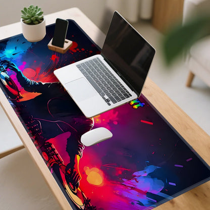 Custom DJ-Themed Gaming Desk Mat with Non-Slip Base & Personalized Text/Name - Large Computer Mouse Pad for Music Producers, DJs, Office Setup - Washable Surface & Rubber Backing, DJ Headphones & Turntables Design - Ideal Gif
