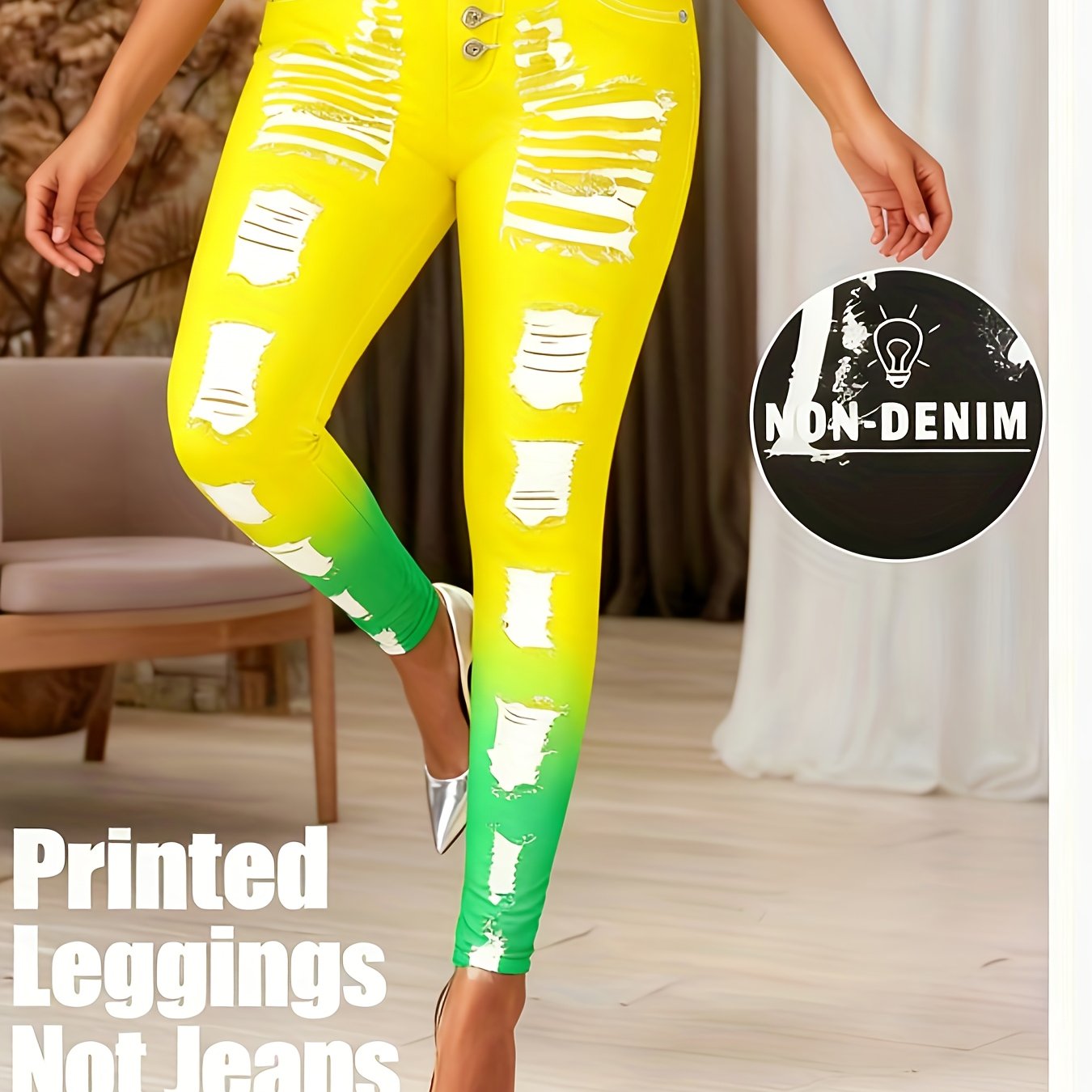 [Printed Pants - Not Denim Fabric] Printed Legging - Not Denim Fabric - Christmas Plus Size Women's Digital Print Denim-Look Leggings, Stretch Polyester, All-Season Casual Slim-Fit Pants, Regular Fit, Adult Sizes, Machine Was