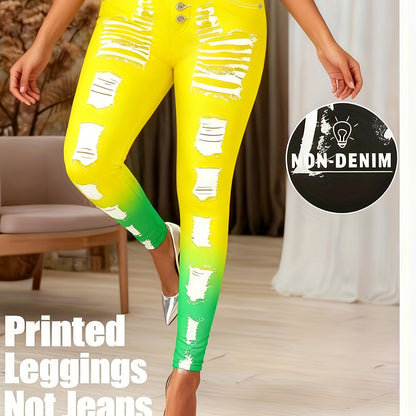 [Printed Pants - Not Denim Fabric] Printed Legging - Not Denim Fabric - Christmas Plus Size Women's Digital Print Denim-Look Leggings, Stretch Polyester, All-Season Casual Slim-Fit Pants, Regular Fit, Adult Sizes, Machine Was