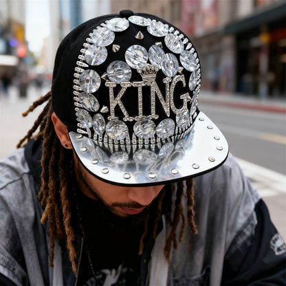 Unisex Stylish Rhinestone "KING" Baseball Cap - Lightweight Polyester, Black with Sparkling Embellishments, Perfect for Casual Outings and Parties, Statement Fashion | Edgy Baseball Cap | Metallic Accents