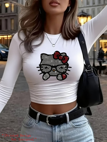 [Printed Design – Not Textured] HELLO KITTY Classic IP Collaboration Autumn/Winter Women's Y2K Long-Sleeve High-Waist T-Shirt. Features Sanrio All-Star Kitty, Pompompurin, Kuromi, and My Melody Print Designs. Cute, Sweet, a