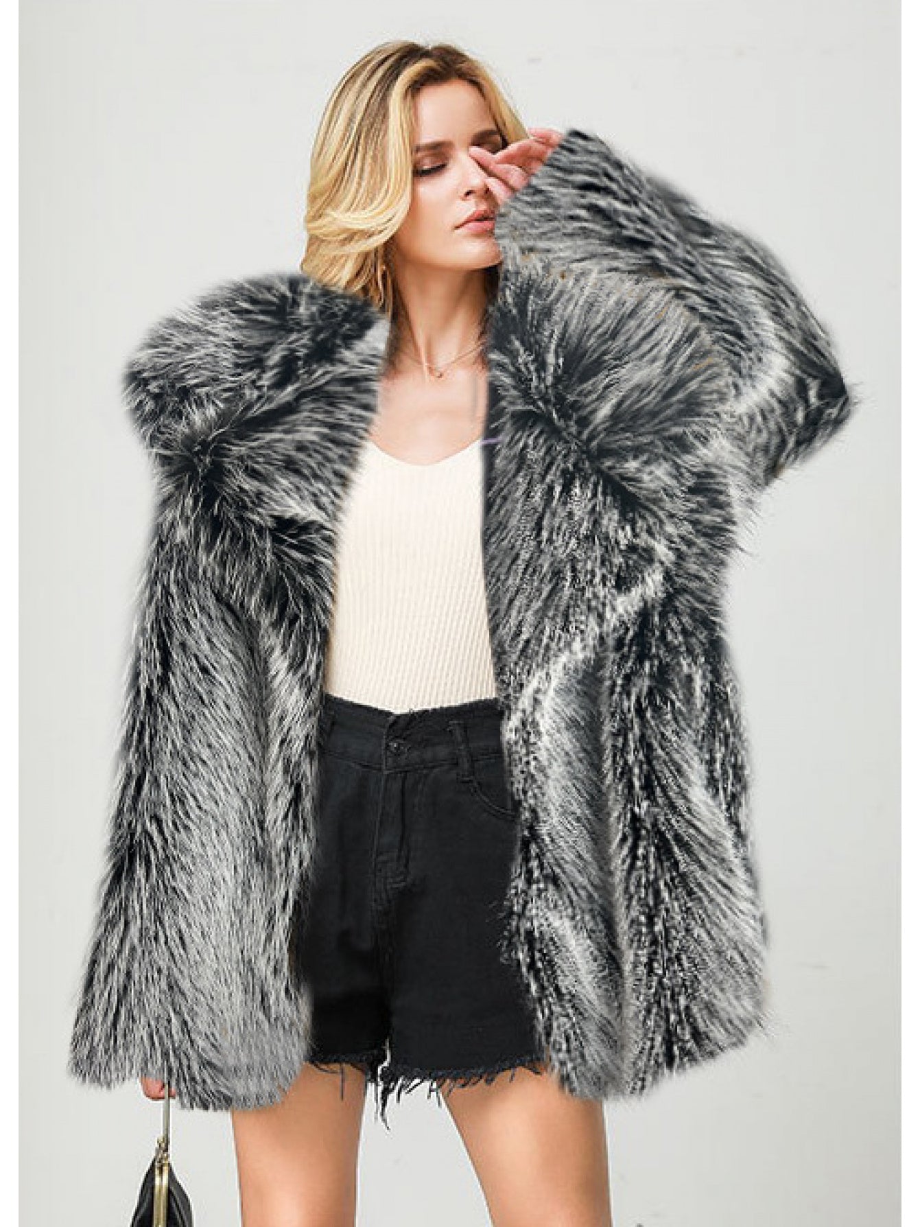 Women'S Elegant Luxurious Mid-Length Faux Fur Coat - Soft Warm Imitation Rabbit & Fox Fur Jacket, Solid Color Winter Outerwear with Full-Length Lining, Cozy Fall/Winter Coat for Casual & Formal Outfits, Versatile Everyday to
