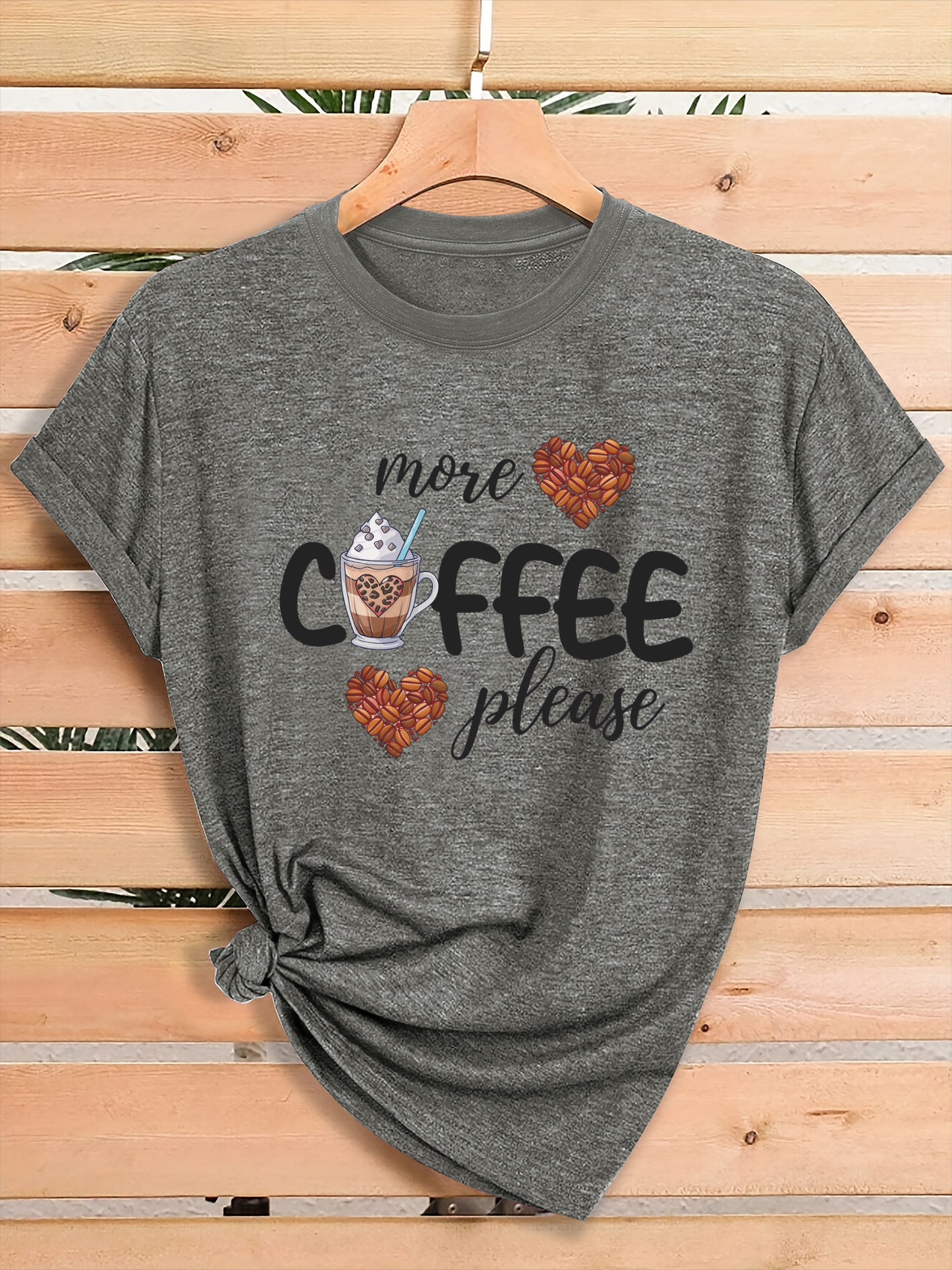 Women'S Coffee Lover Graphic T-Shirt - "More COFFEE Please" Print with Coffee Beans & Heart Eyes - Soft Stretch Round Neck Casual Streetwear Top for Gym, Casual Attire & Coffee Shop Outfits - All-Season Comfort Fit Tee, Coffe
