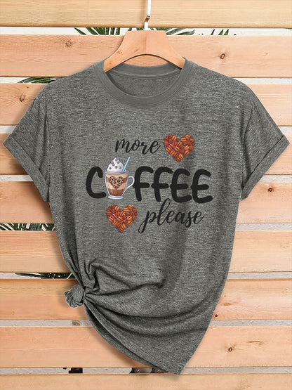Women'S Coffee Lover Graphic T-Shirt - "More COFFEE Please" Print with Coffee Beans & Heart Eyes - Soft Stretch Round Neck Casual Streetwear Top for Gym, Casual Attire & Coffee Shop Outfits - All-Season Comfort Fit Tee, Coffe