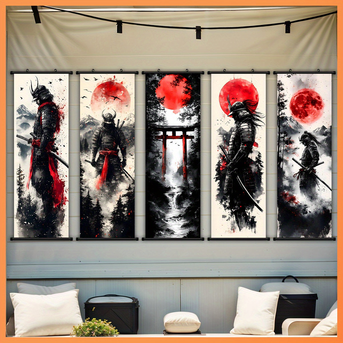 -5pcs Creative Canvas Hanging Scroll Art Set, Samurai Canvas Art, Splash Ink Samurai Landscape Print Canvas Wall Art Set for Bedroom, Office, Dormitory Decoration with Plastic Frame Hooks,  Office Decor, Classic Prints, Frame