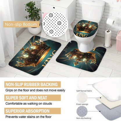 4pcs King Pattern Shower Curtain Set, Fashion Bathroom Curtain Set with 12 Hooks Included, Matching Anti Slip Mats & Toilet Covers, Modern Bathroom Accessories Ideal for Home Decor & Housewarming Gift