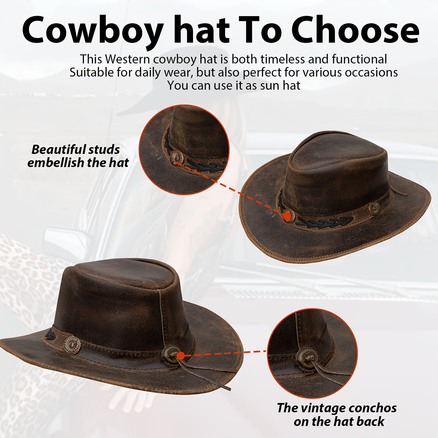Shapeable Leather Cowboy Hat Into Outback Hat Western Vintage Australian Hats for Men & Women, Festival Unisex Outdoor, High Quality &, Handcrafted Headwear-Stitching, Lightweight Top-Grain Leather, Brass Studs, Adjustable Ch