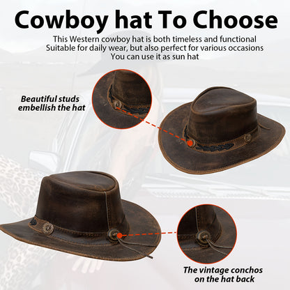 Shapeable Leather Cowboy Hat Into Outback Hat Western Vintage Australian Hats for Men & Women, Festival Unisex Outdoor, High Quality &, Handcrafted Headwear-Stitching, Lightweight Top-Grain Leather, Brass Studs, Adjustable Ch