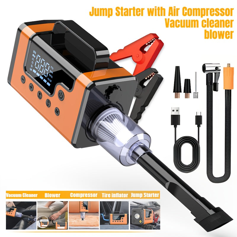 8-in-1 3000A Portable  Jump Starter with Air Compressor & Vacuum Cleaner - 12V 150Psi Tire Inflator, 5000PA  Vacuum, 37000mWh Rechargeable Battery, Digital Display, USB Charging, 2.64gal Gas/1.85gal Diesel Compatible,Insulate