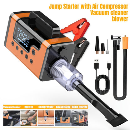 8-in-1 3000A Portable  Jump Starter with Air Compressor & Vacuum Cleaner - 12V 150Psi Tire Inflator, 5000PA  Vacuum, 37000mWh Rechargeable Battery, Digital Display, USB Charging, 2.64gal Gas/1.85gal Diesel Compatible,Insulate