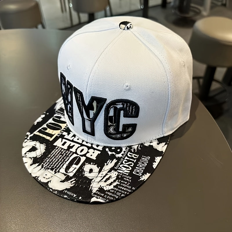 Unisex Flat-Brimmed Snapback Baseball Cap - Black & White NYC Graphic Print, 100% Acrylic Breathable Hip Hop Hat for Men & Women, Adjustable Fit for Casual Outdoor Sports, Parties & Urban Streetwear