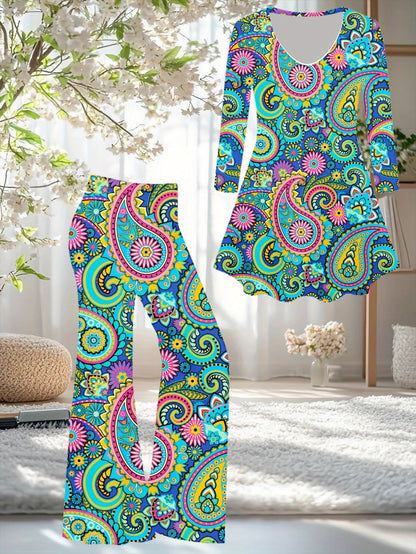 Plus Size, Women's Bohemian Print Jumpsuit- Loose Top and Flared Pants, Vibrant Multicolor(Turquoise, Pink, Yellow, Green, Purple, Orange, Red)
