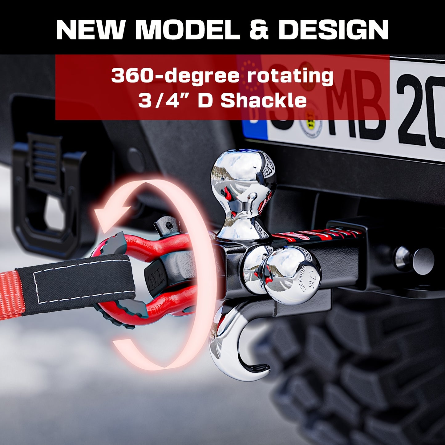 Ayleid Tri-Ball Trailer Hitch Mount with Rotatable Hook & Pin - Includes 3 Replaceable Balls (1-7/8", 2", 2-5/16") - Fits 2" Receiver for Secure Towing, Red Handle & Black Metal Construction