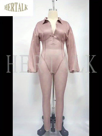 Fashion Women's Clothing Washed and Distressed Sexy Deep V Tight Long Sleeve Autumn and Winter Jumpsuit