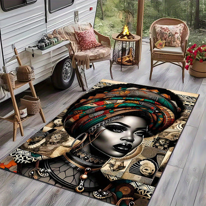 African-Inspired Tribal Art RV Camping Mat with Ethnic Headwrap Design - Durable Indoor/Outdoor Rug for Camping, Picnics, Living Room & Bedroom Decor, Camping Decorations
