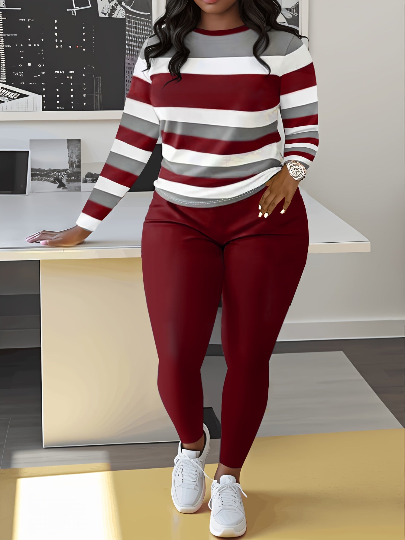 Smct01 Casual Long Sleeve Set with Striped Custom Print