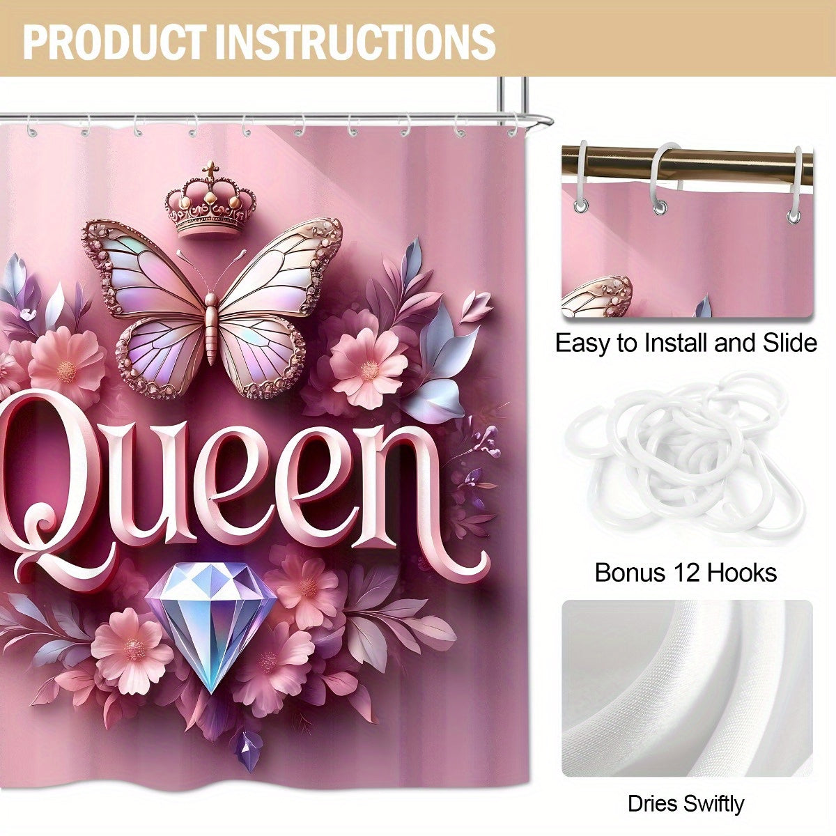 4pcs Queen Pattern Shower Curtain Set, Fashion Bathroom Curtain Set with 12 Hooks Included, Matching Anti Slip Mats & Toilet Covers, Modern Bathroom Accessories Ideal for Home Decor & Housewarming Gift