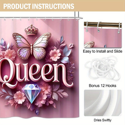 4pcs Queen Pattern Shower Curtain Set, Fashion Bathroom Curtain Set with 12 Hooks Included, Matching Anti Slip Mats & Toilet Covers, Modern Bathroom Accessories Ideal for Home Decor & Housewarming Gift