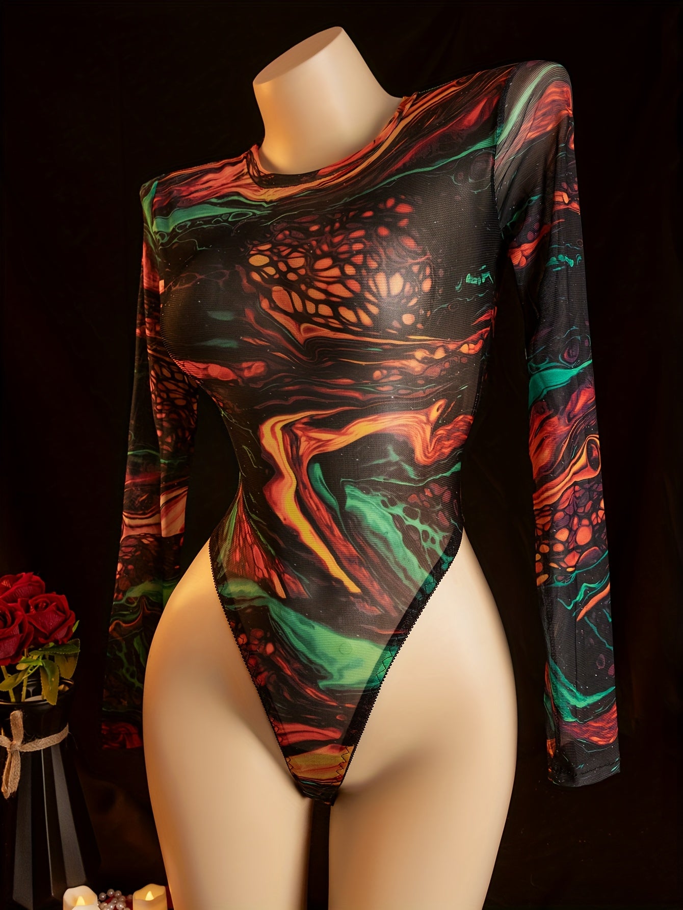 Sexy Women'S Lingerie Onesie - Long Sleeve Full-Body Coverage Bodysuit with High-Low Neckline, Vibrant Multicolor (Green/Orange/Red/Black/Pink/Blue/Purple) - Soft Comfortable Fabric for Adults, Sensual Clothing & Themed Event