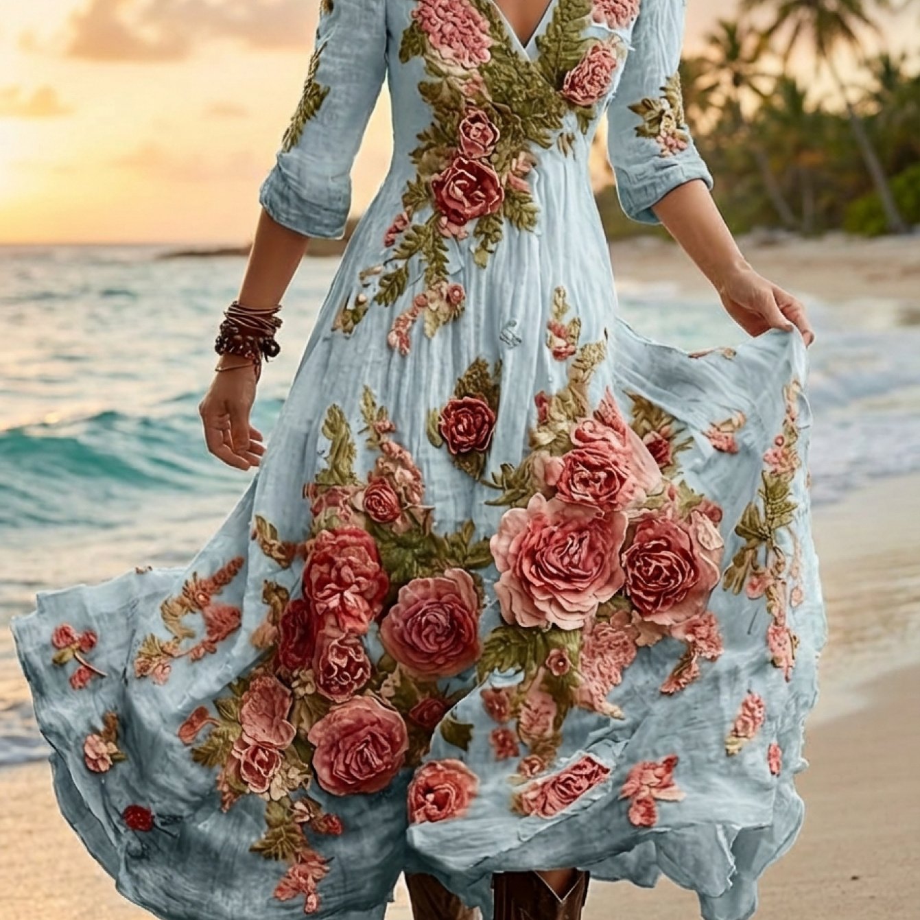Women's Bohemian A-Line Dress with V-Neck & Cross Back Straps - Short Front Slit & Flowing Floor-Length Skirt, Wedding Guest Gown for Spring Summer Fall Parties, Short Front Long Back Dress (No Underbelly)