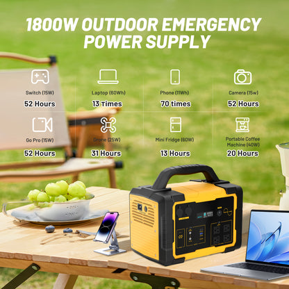 1800W Portable Power Station with 200W Solar Panel, 1024Wh LiFePO4 Battery & 1.2H Fast Charging, UPS Backup, 4 AC Outlets/100W USB-C - Solar Generator for Home, RV, Camping, Off-Grid Power, Lithium-Free Battery (Compatible wi