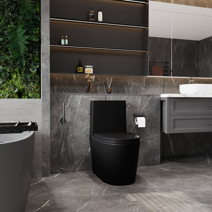 1.1/1.60 GPF Dual-Flush Toilet, Water-Saving Elongated Comfort Height Floor Mounted, Soft Close Seat, 2.2 LB Map Flushing Score Toilet, Matte Black