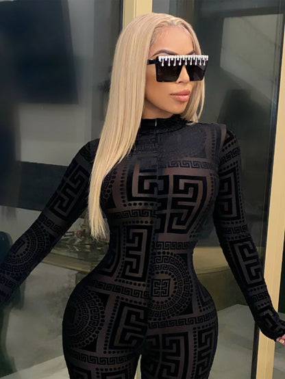 Women's Sexy Sheer Mesh Jumpsuit - Long Sleeve High Neck Bodysuit - Semi-Sheer Transparent Outfit (S-XXL) - Machine Washable All-Season Wear for Parties - Fashion Events - Tight-Fitting Lingerie Suit