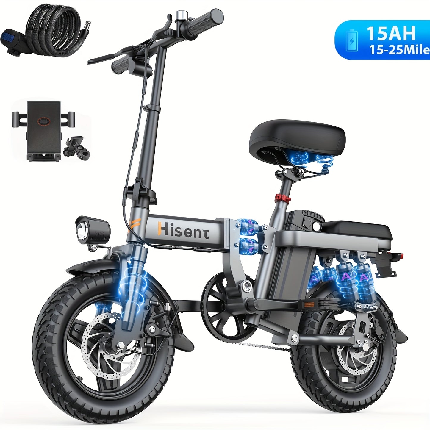 Hisent Adult Electric Bicycle, 48V 6A10A/15A/17.5A Lithium Battery, 20MPH, 8-35 Miles Range, 740W Brushless Motor, Multiple Shock Absorbers, 14" High-quality Tires, 3-step Folding, LCD Display, with Headlight And Taillight, C