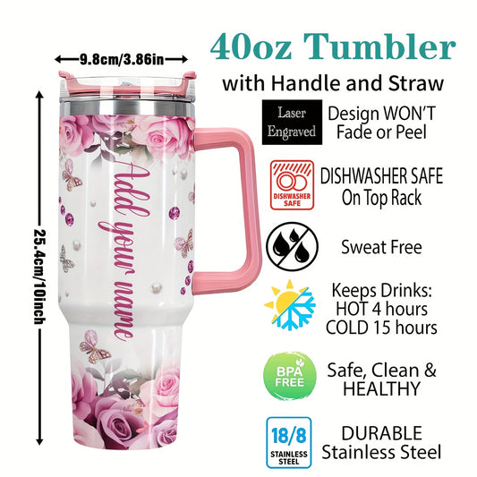 1pc Customized Name Stainless Steel Tumbler | 20oz/22oz/40oz Insulated Water with Lid, Reusable, Round Shape, 304 Stainless Steel, Ideal for Easter, Thanksgiving, Father'S Day, Mother'S Day, Graduation, White Diamond Butterfl