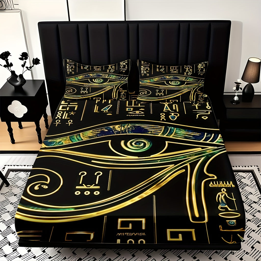 3pcs Comfortable Egyptian Hieroglyphics Theme Bed Fitted Sheet Set - Soft High-Definition Digital Print, Soft, Breathable 100% Polyester, Perfect Gift, All-Season Family And Friends Gift