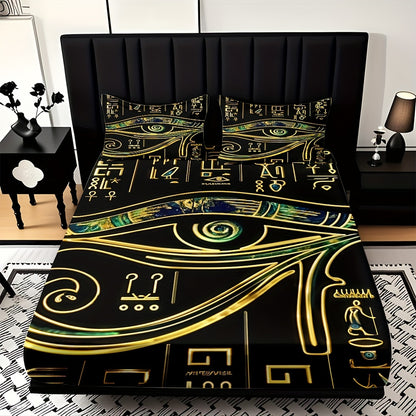 3pcs Comfortable Egyptian Hieroglyphics Theme Bed Fitted Sheet Set - Soft High-Definition Digital Print, Soft, Breathable 100% Polyester, Perfect Gift, All-Season Family And Friends Gift