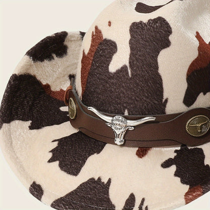 1pc Black Retro Print Wide-Brimmed Cowboy Hat with Anti-Compression Strap & Bull Horns Charm - Durable Non- Material for Outdoor, Camping, BBQ, Street Fashion - Spring/Autumn Western Style