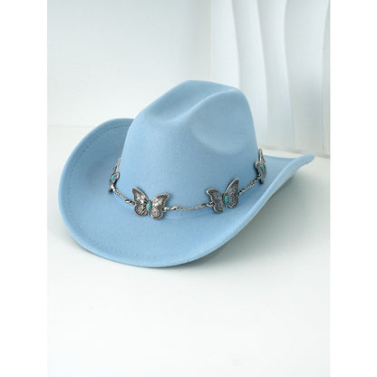 Women'S Bohemian Turquoise & White Cowboy Hat - Felt Wide Brim Sun Hat with Butterfly Metal Chain Accent, Non-Stretch Formal & Western Style for Christmas, Festivals, Casual Attire - Hand Washable Elegant Felt Cowboy Cap, Cow